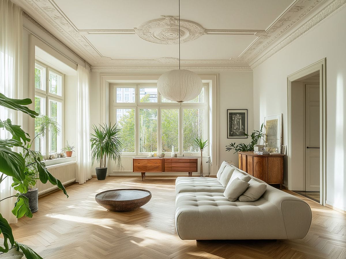 Bright living room in a period building featuring ornate ceiling moldings, large windows, a modern white sectional sofa, vintage wooden sideboards, herringbone flooring, a spherical pendant light, and an array of tropical plants creating an airy, contemporary space