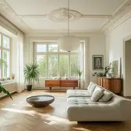 Bright living room in a period building featuring ornate ceiling moldings, large windows, a modern white sectional sofa, vintage wooden sideboards, herringbone flooring, a spherical pendant light, and an array of tropical plants creating an airy, contemporary space