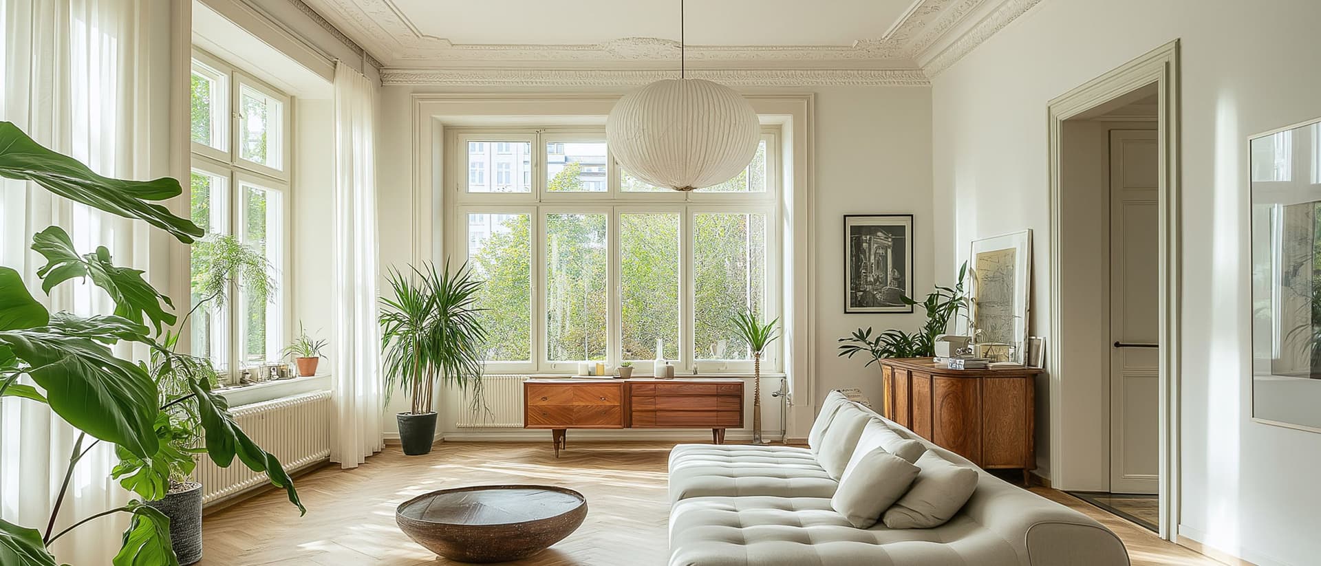 Bright living room in a period building featuring ornate ceiling moldings, large windows, a modern white sectional sofa, vintage wooden sideboards, herringbone flooring, a spherical pendant light, and an array of tropical plants creating an airy, contemporary space