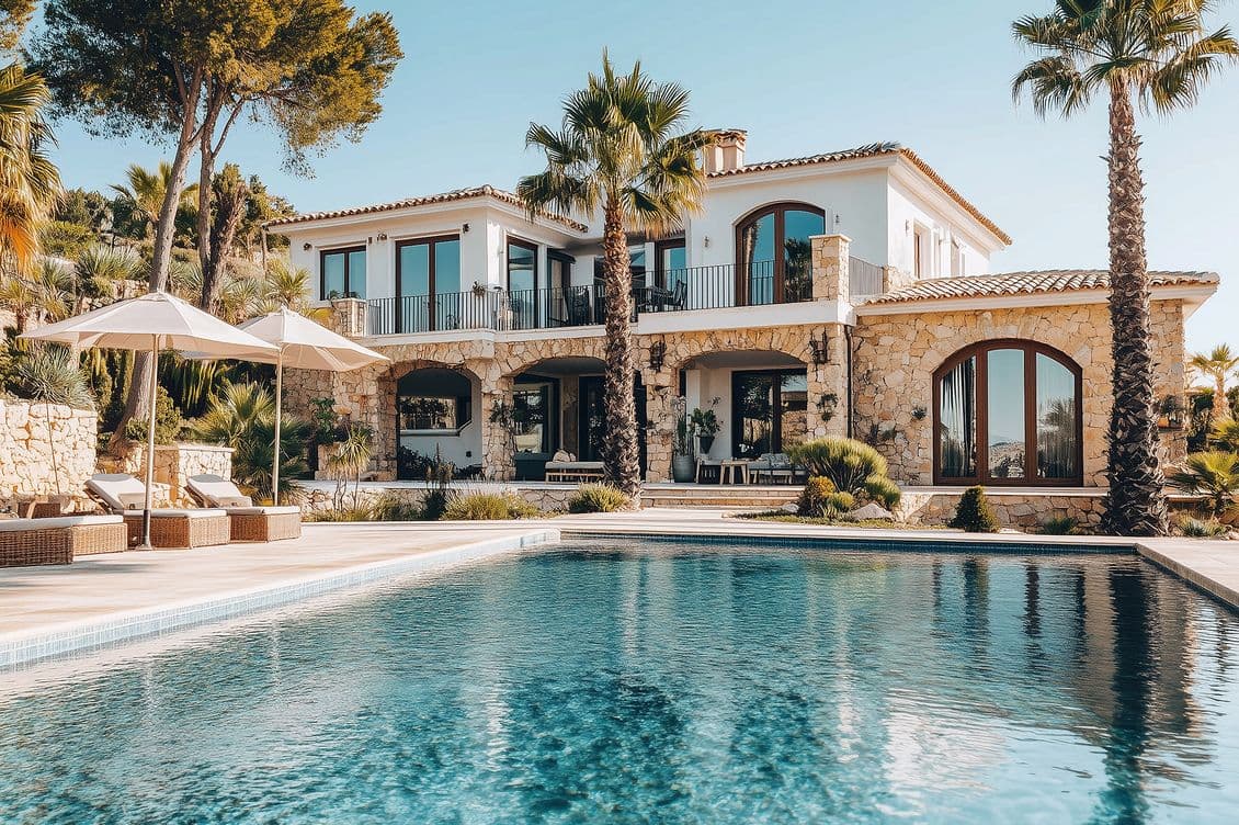 Elegant Spanish villa featuring white stucco walls, natural stone accents, and terracotta roof tiles, surrounded by palm trees and pine trees. The property includes a large infinity pool, sun terraces with white parasols, and loungers, creating a luxurious Mediterranean atmosphere.