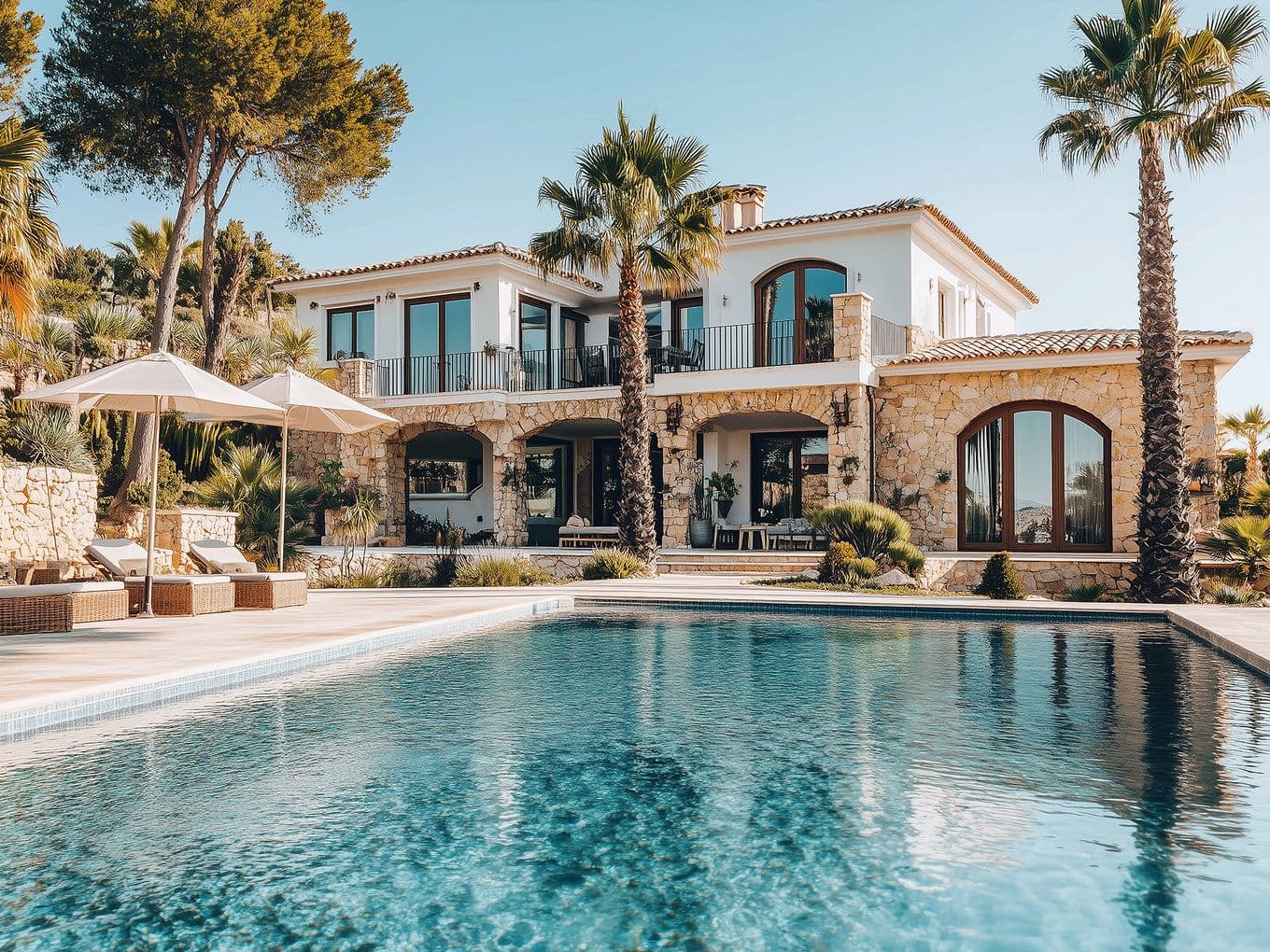 Elegant Spanish villa featuring white stucco walls, natural stone accents, and terracotta roof tiles, surrounded by palm trees and pine trees. The property includes a large infinity pool, sun terraces with white parasols, and loungers, creating a luxurious Mediterranean atmosphere.