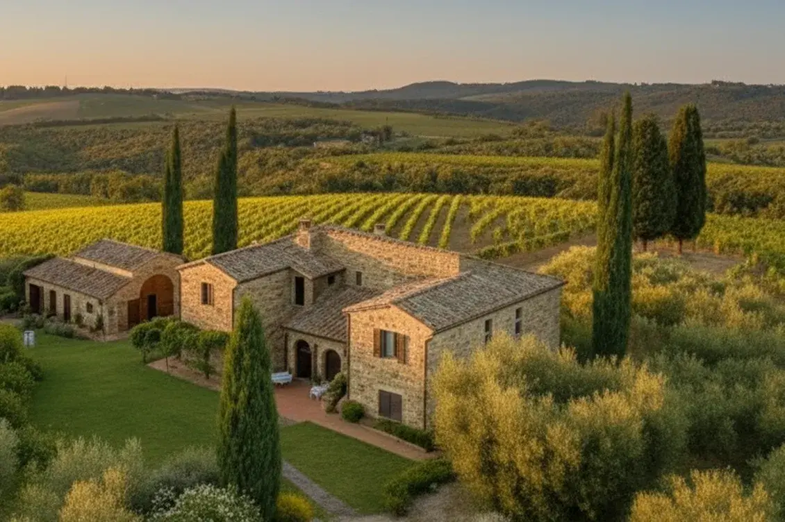 Aerial view of a rustic stone villa surrounded by olive trees and vineyards, set against rolling hills under a clear sky at sunset.