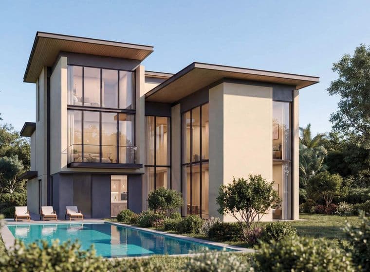 Modern two-story house with large windows, surrounded by trees, featuring a pool and sun loungers in the foreground.