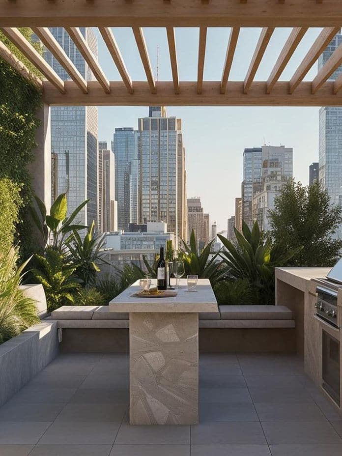 Rooftop patio with a pergola, greenery, modern barbecue setup, table with wine bottles, and a city skyline in the background.