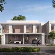 Modern, two-story houses with garages, trees, and people on the street; one person rides a scooter. Clear blue sky above.