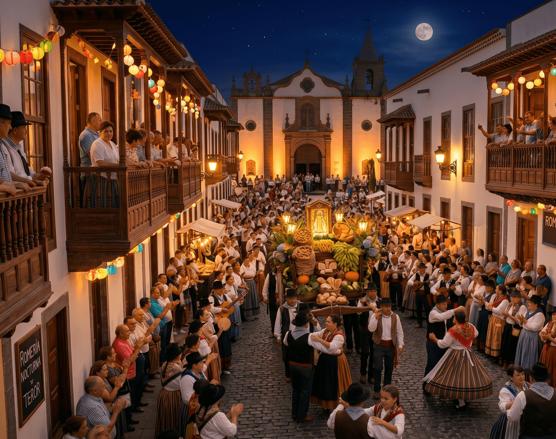 Vista de una Romería en Gran Canarias con personas bailando