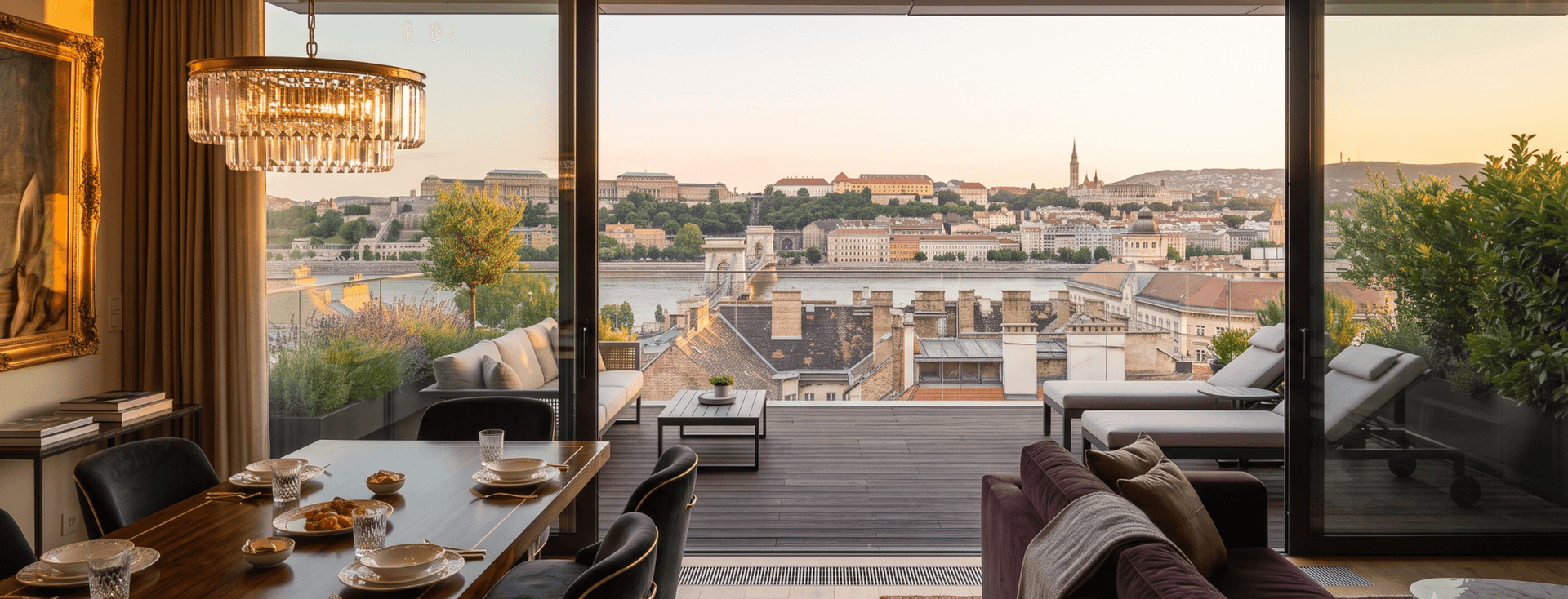 Open-plan living and dining room with chandelier and set table, sliding glass doors to terrace overlooking city rooftops and river at sunset.