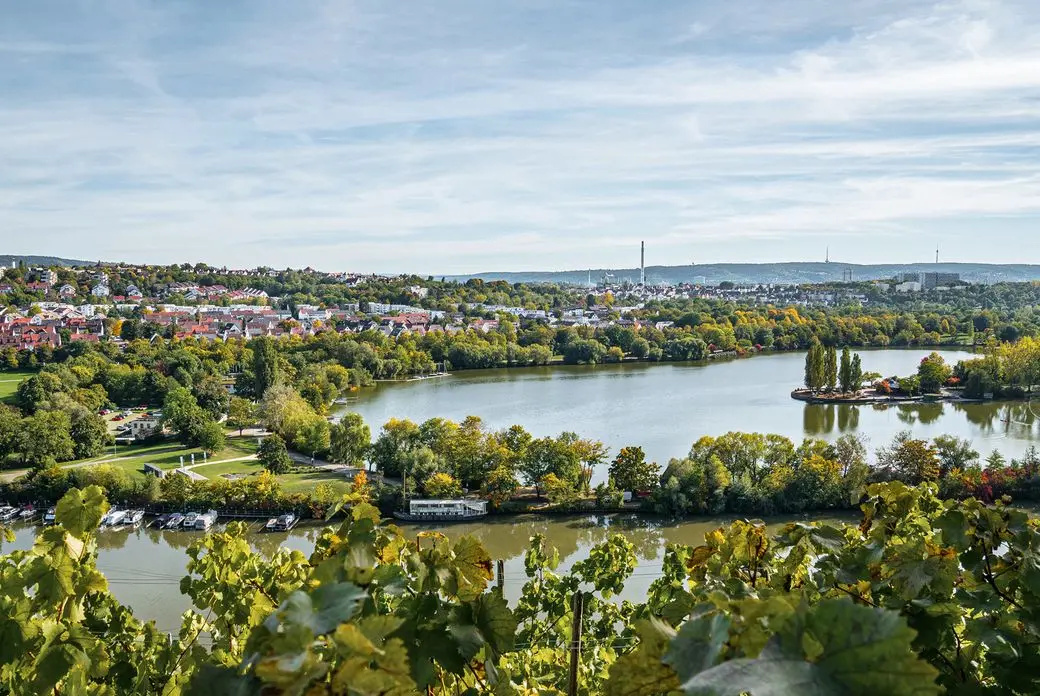 Scenic view of a river surrounded by lush greenery and a town in the background under a partly cloudy sky.