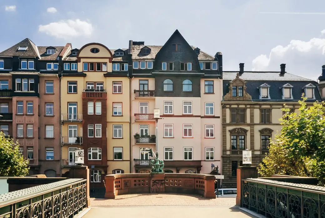 Frankfurt old building facades - View from a bridge that can be glimpsed from the side