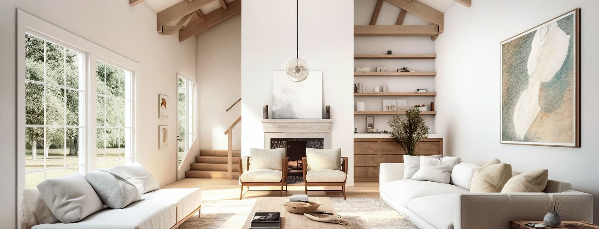 Spacious modern living room featuring exposed wooden beam ceiling, white walls, and natural light from large windows. The room includes two white sofas, wooden coffee table, accent chairs, a fireplace, built-in shelving, and abstract wall art. The neutral color palette and natural materials create a warm, airy atmosphere.