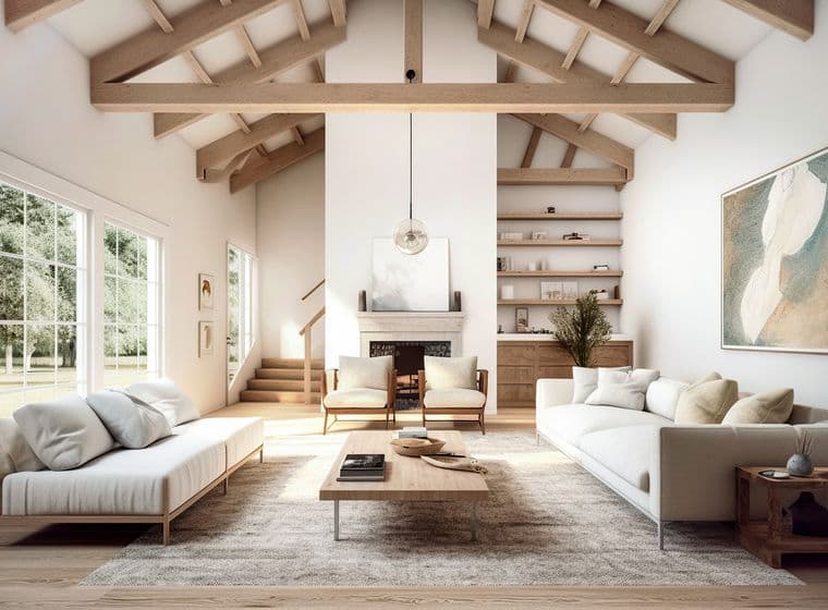 Spacious modern living room featuring exposed wooden beam ceiling, white walls, and natural light from large windows. The room includes two white sofas, wooden coffee table, accent chairs, a fireplace, built-in shelving, and abstract wall art. The neutral color palette and natural materials create a warm, airy atmosphere.