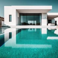 Luxury and minimalistic white villa with blue swimming pool located on the mountains