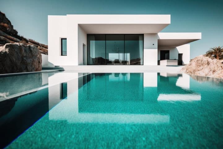 Luxury and minimalistic white villa with blue swimming pool located on the mountains