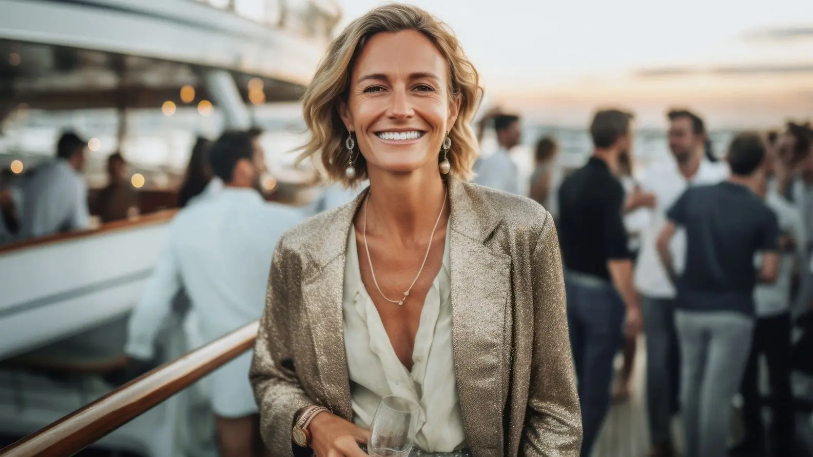 A stylishly dressed woman in a metallic blazer and white blouse smiles brightly at a social gathering on what appears to be a yacht deck. She holds a wine glass while other guests mingle in the background during sunset.