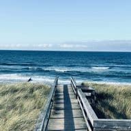 Wooden boardwalk leading through tall grass to a sandy beach with gentle waves under a clear blue sky.