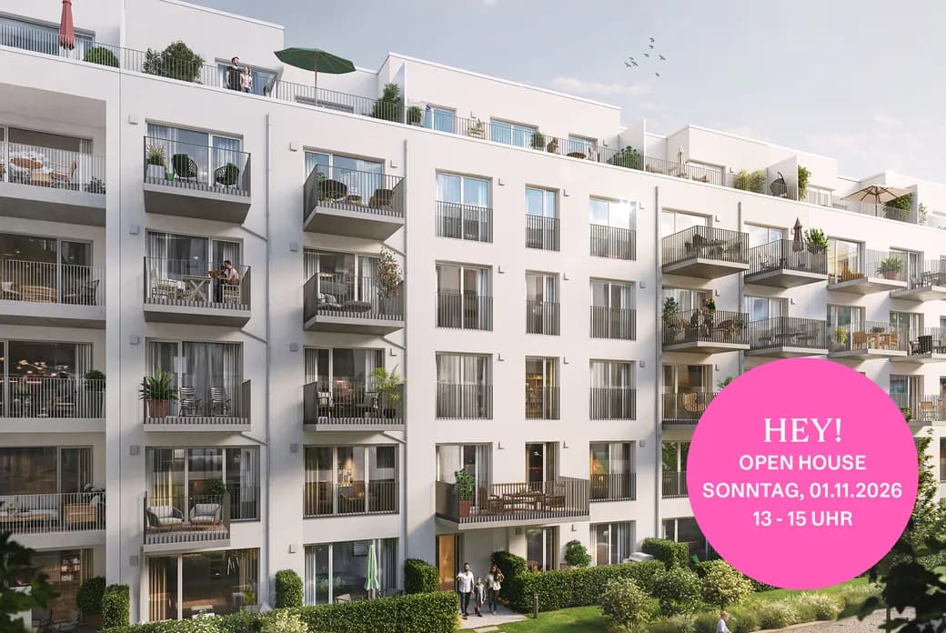 Modern white apartment building with numerous balconies, plants and outdoor furniture; a large pink circular promo badge overlaps the lower right.