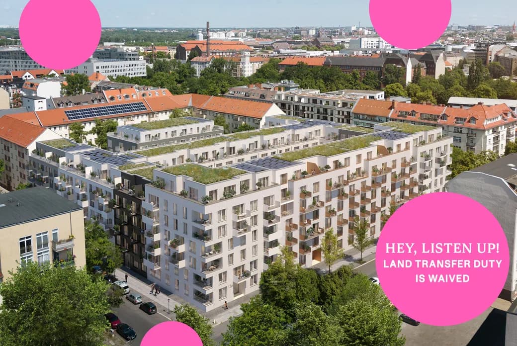 Aerial cityscape with modern white apartment blocks and green roofs, red-tiled historic buildings, trees, and large magenta circles overlaying the scene.