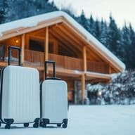 A cozy wooden chalet in a snowy winter paradise – ideal for tourist use.