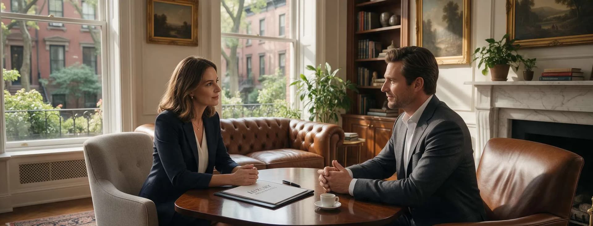 Two professionals sitting across from each other at a wooden table in a living room, with a notebook, leather sofa, bookshelves and framed paintings in the background. AI-generated image