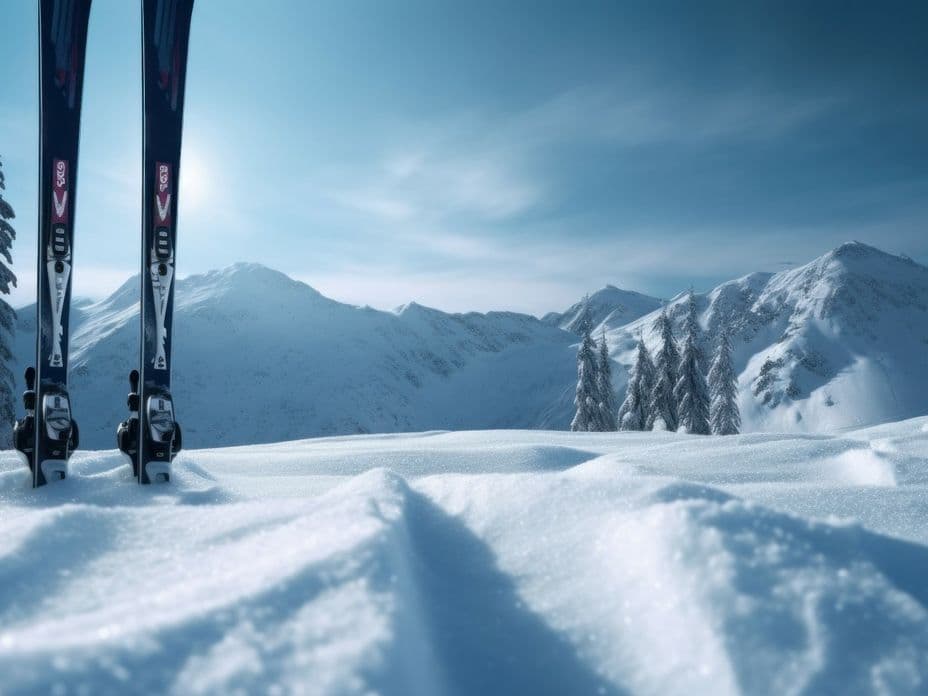 Zwei Skier im Pulverschnee mit Blick auf eine verschneite Berglandschaft – ein perfektes Beispiel für den direkten Zugang von Ski in Ski out Immobilien zu den Pisten. 