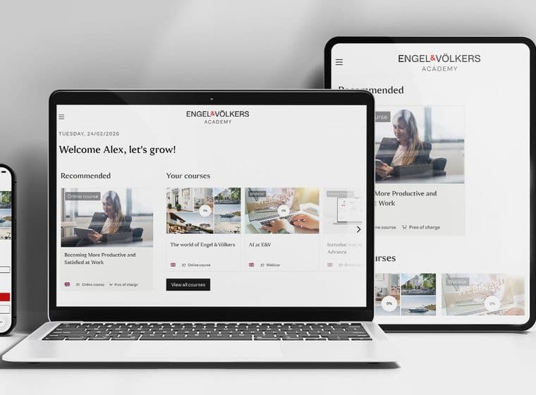 Laptop, tablet, and smartphone with a real estate course platform interface on a white background.