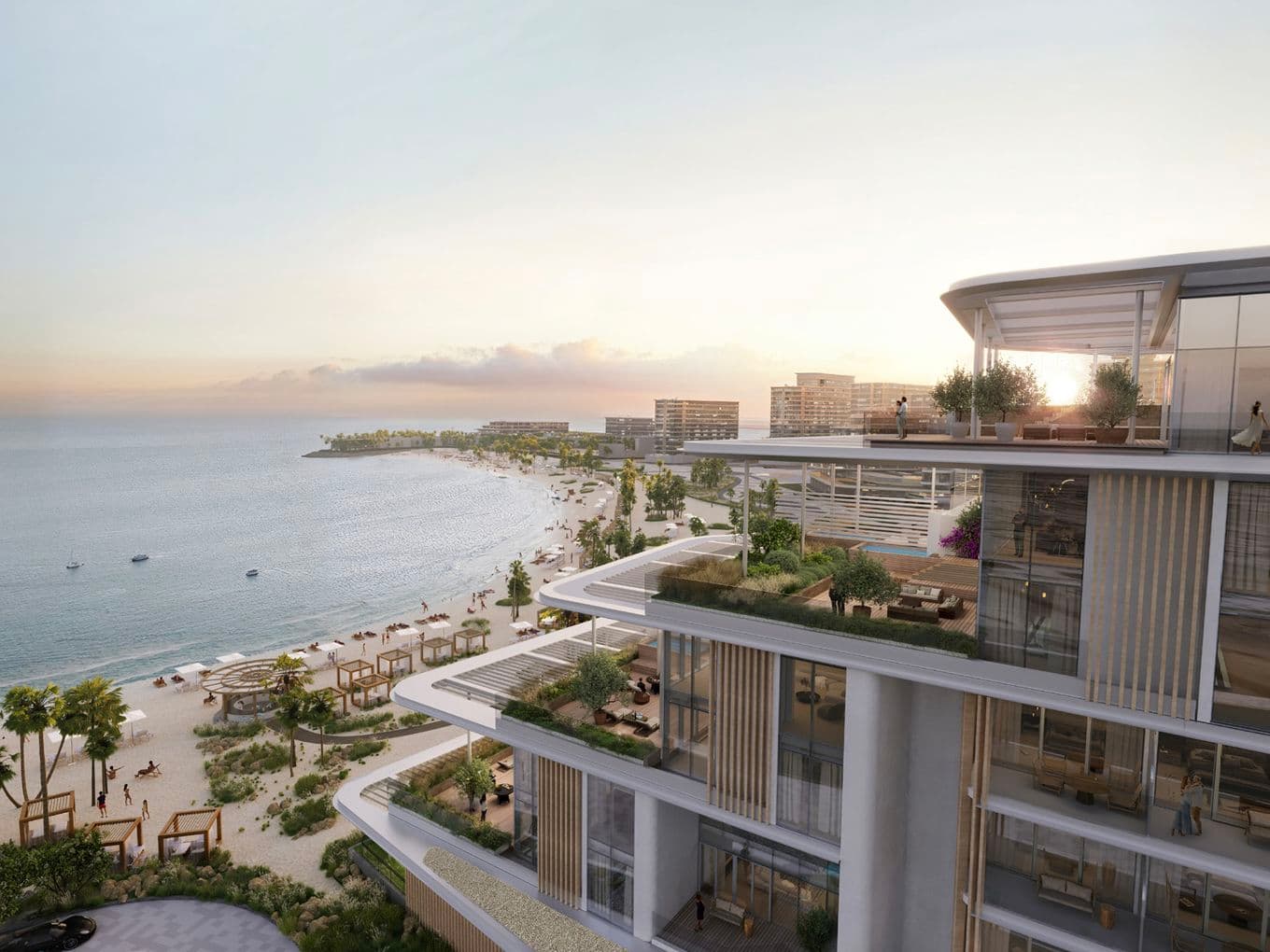 Modern beachfront resort with balconies overlooking a serene ocean view, palm trees, and a sandy beach under a soft, pastel sky.
