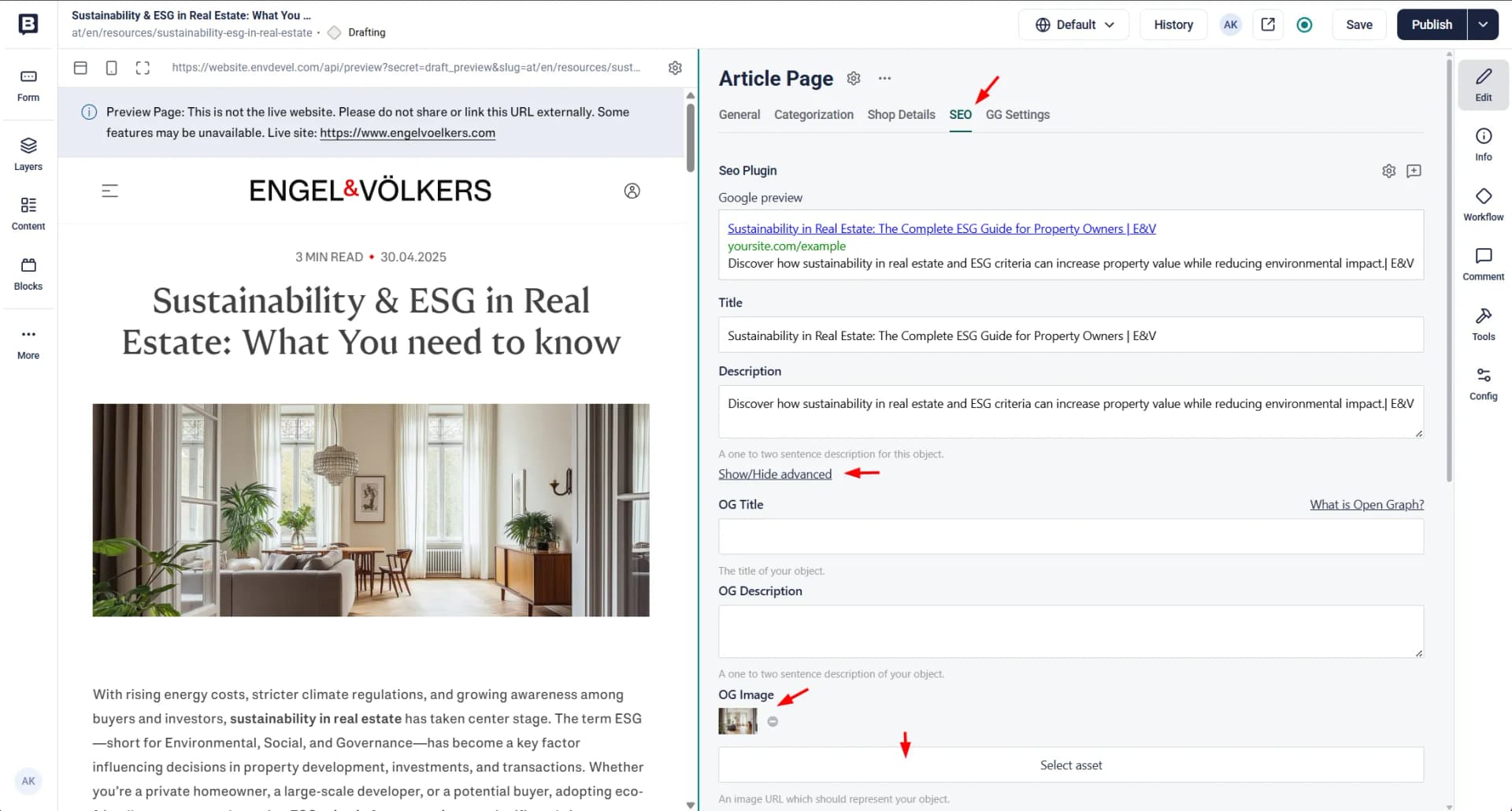 Website article draft on sustainability and ESG in real estate, showing a cozy living room image and SEO settings interface.