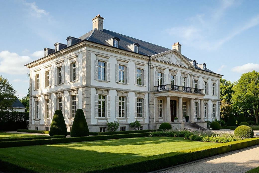 Elegant mansion with a symmetrical facade, manicured gardens, and classical architectural details under a clear blue sky.