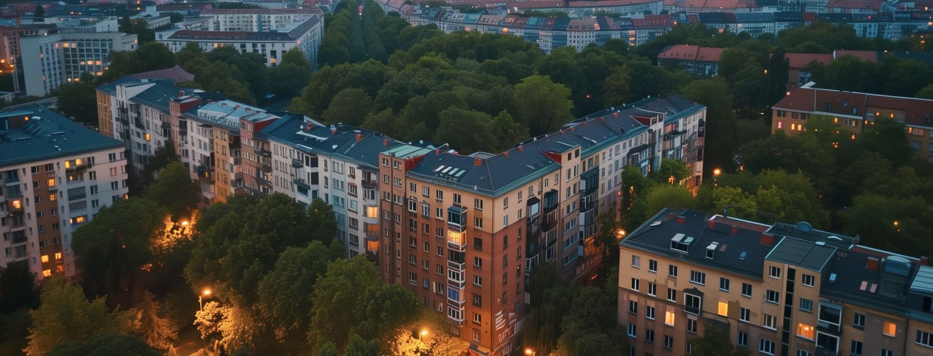 Aerial view of colorful apartment buildings surrounded by trees in a city at dusk, with streetlights glowing softly.