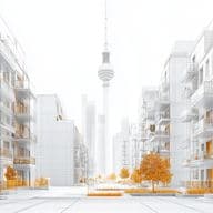 Moderne Architekturillustration einer Stadtansicht von Berlin mit Wohnblocks, roten Akzenten und einem Hochhaus im Hintergrund.