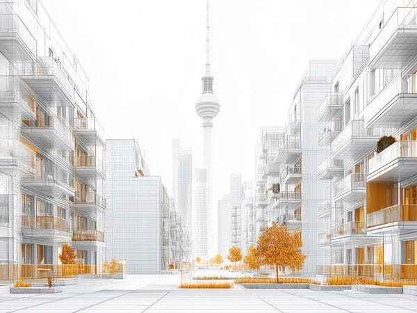 Moderne Architekturillustration einer Stadtansicht von Berlin mit Wohnblocks, roten Akzenten und einem Hochhaus im Hintergrund.