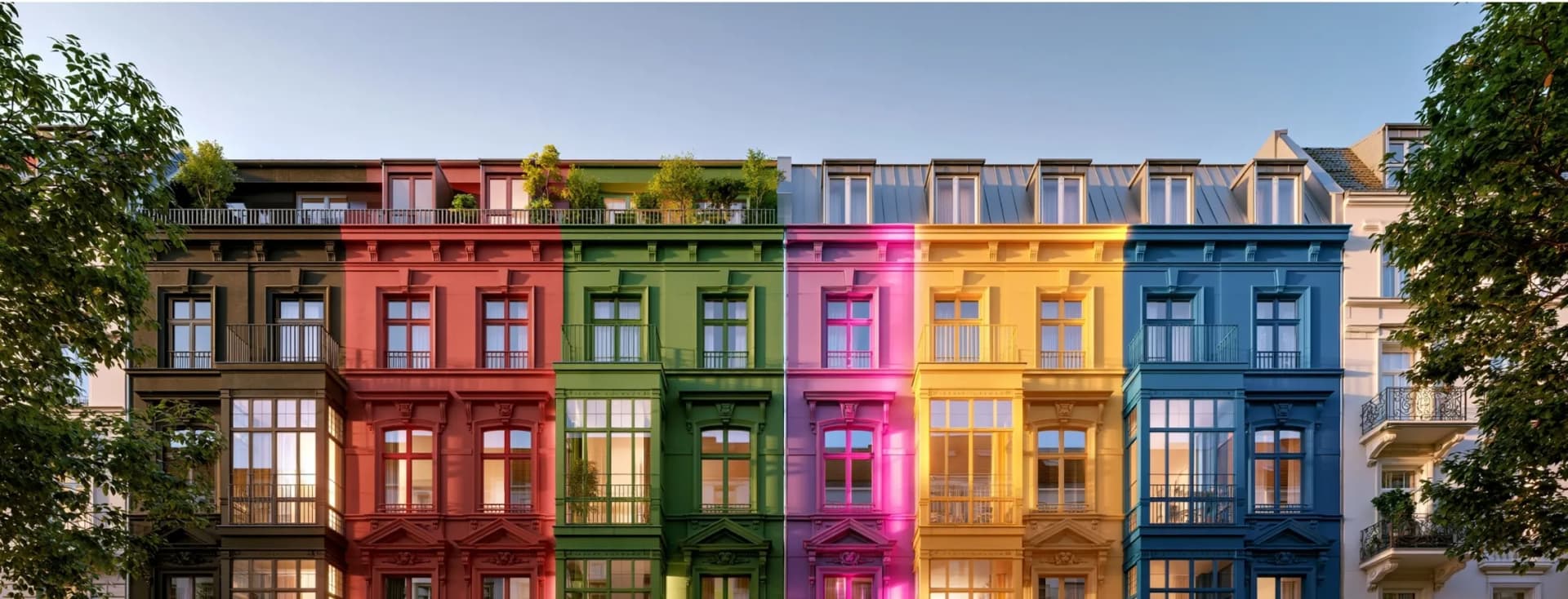Eine Reihe bunter Berliner Reihenhäuser mit Balkonen und Dachgärten, wobei jedes Gebäude in einer anderen Farbe gestrichen ist und von Bäumen eingerahmt wird. AI-generated image
