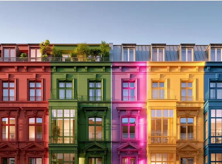 Eine Reihe bunter Berliner Reihenhäuser mit Balkonen und Dachgärten, wobei jedes Gebäude in einer anderen Farbe gestrichen ist und von Bäumen eingerahmt wird.