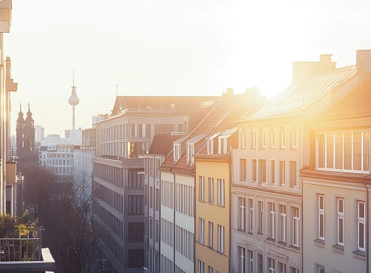 Sunlit cityscape with residential buildings, balconies, and a visible distant TV tower under a clear sky, creating a warm, serene atmosphere.