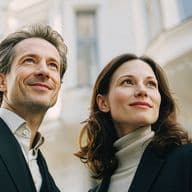 A man and woman in formal attire stand confidently outside a sophisticated building, looking upwards with a sense of ambition.