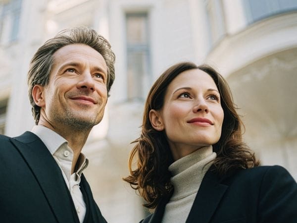A man and woman in formal attire stand confidently outside a sophisticated building, looking upwards with a sense of ambition.