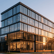 Modernes Bürogebäude aus Glas in Berlin mit verspiegelten Fenstern bei Sonnenuntergang, sichtbarer Innenbeleuchtung und einer von Bäumen gesäumten Straße im Vordergrund.