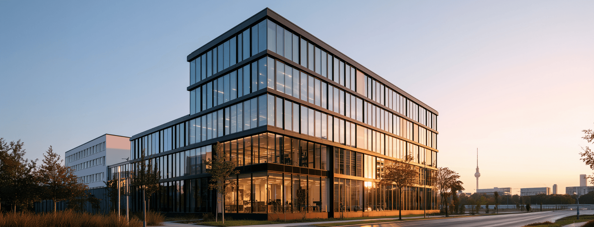 Modernes Bürogebäude aus Glas in Berlin mit verspiegelten Fenstern bei Sonnenuntergang, sichtbarer Innenbeleuchtung und einer von Bäumen gesäumten Straße im Vordergrund. AI-generated image