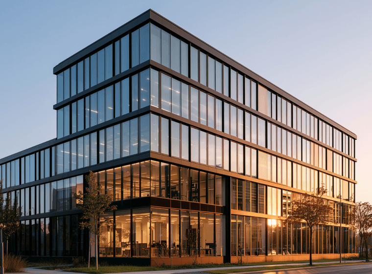 Modernes Bürogebäude aus Glas in Berlin mit verspiegelten Fenstern bei Sonnenuntergang, sichtbarer Innenbeleuchtung und einer von Bäumen gesäumten Straße im Vordergrund.