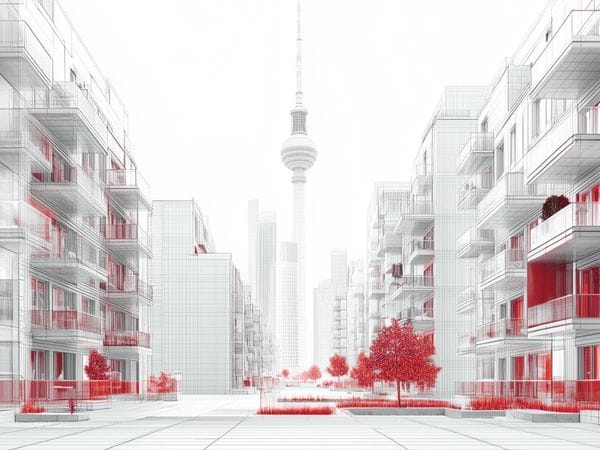 Moderne Architekturillustration einer Stadtansicht von Berlin mit Wohnblocks, roten Akzenten und einem Hochhaus im Hintergrund.