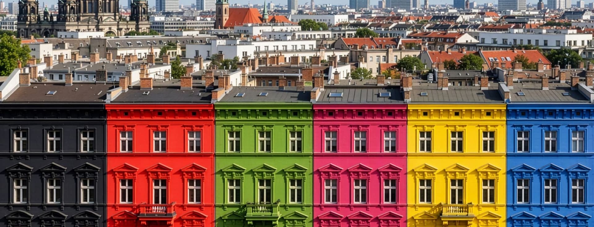 Row of colorful townhouses in black, red, green, pink, yellow and blue, with a distant historic cathedral and city skyline beyond. AI-generated image