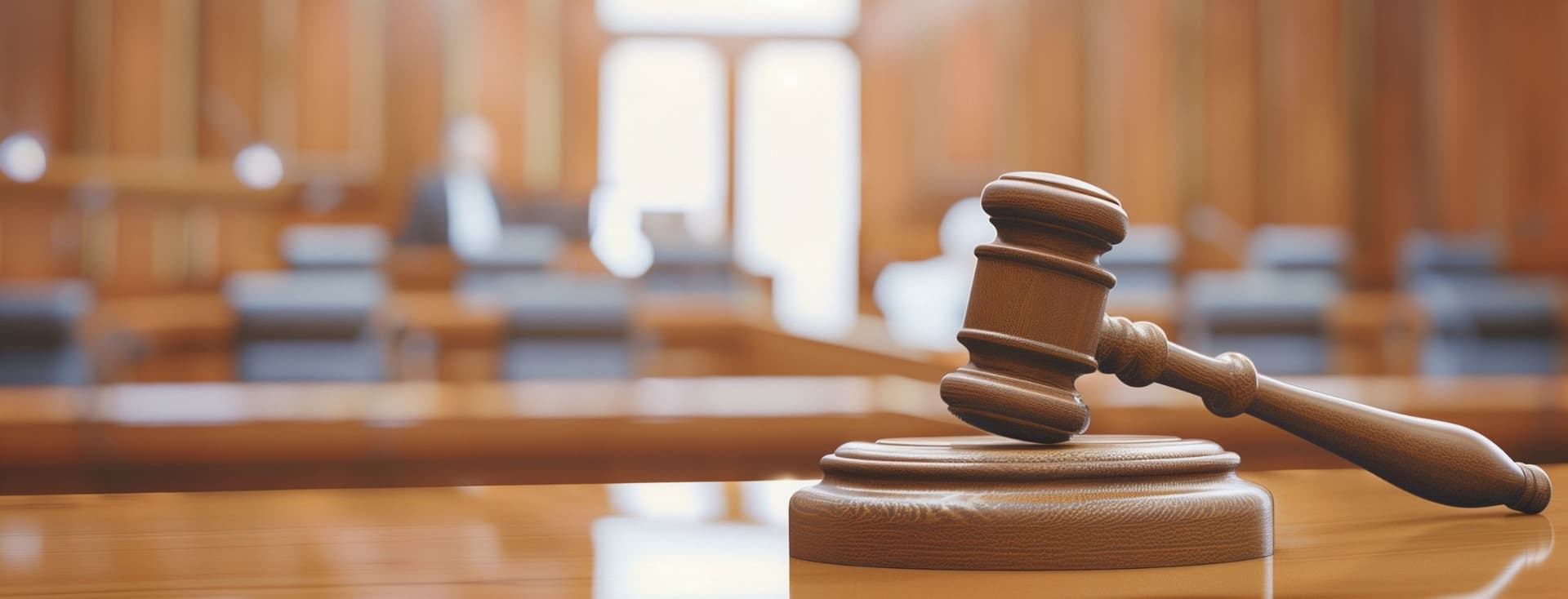 Ein Holzhammer ruht auf einem Klangblock in einer verschwommenen Gerichtssaal-Kulisse und unterstreicht damit juristische Autorität und Gerechtigkeit.