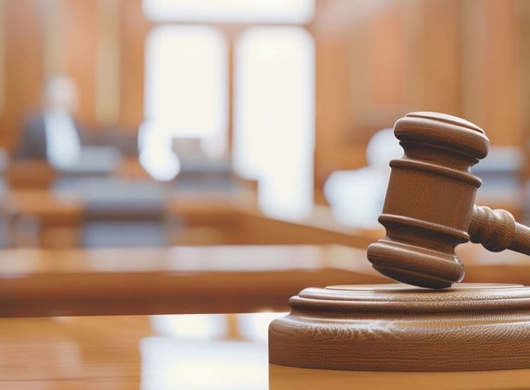 Ein Holzhammer ruht auf einem Klangblock in einer verschwommenen Gerichtssaal-Kulisse und unterstreicht damit juristische Autorität und Gerechtigkeit.
