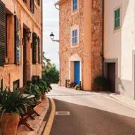 Stone houses with shutters can be seen on the left side of the image, with plants in front of a building.