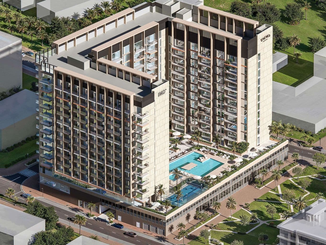 Aerial view of Taiyo Residences, a U-shaped mid-rise residential complex with a central pool deck, modern façade, and landscaped surroundings in Wasl Gate, Dubai.