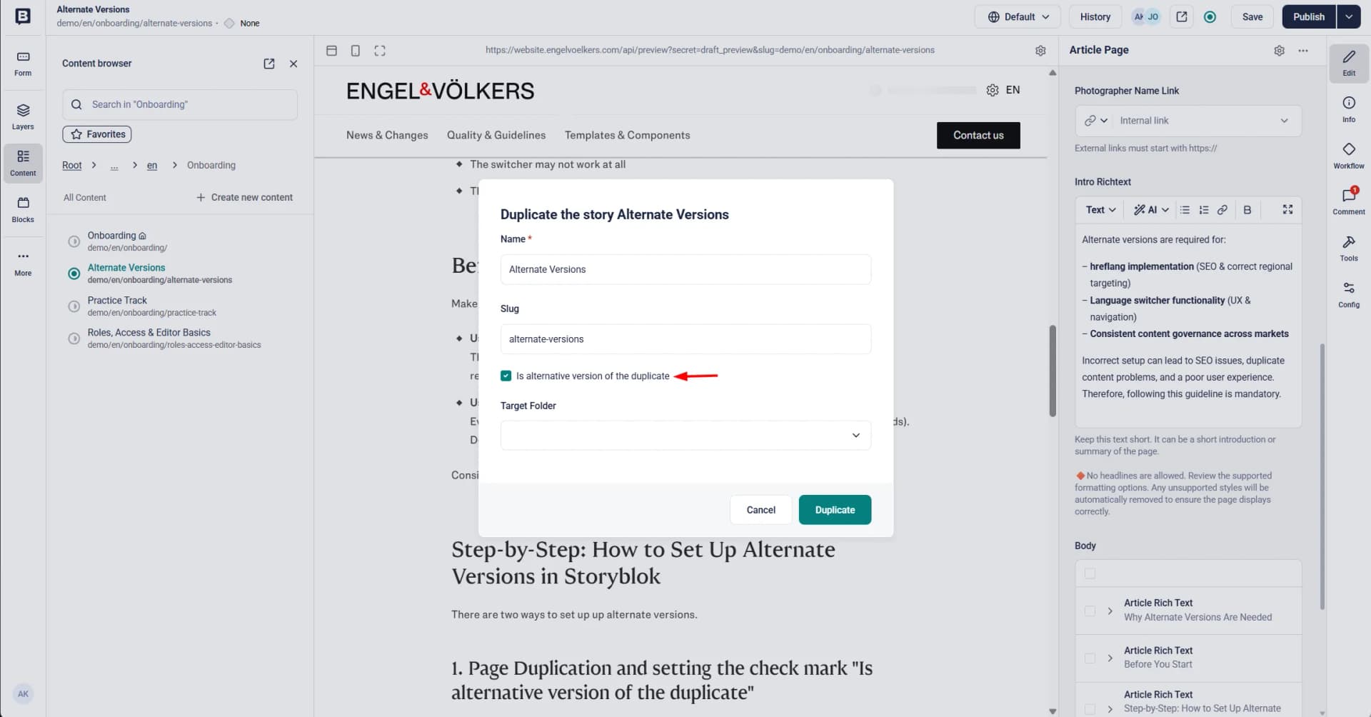 A webpage showing a pop-up form for duplicating a story, with fields for version names and a checkbox option before clicking "Duplicate."