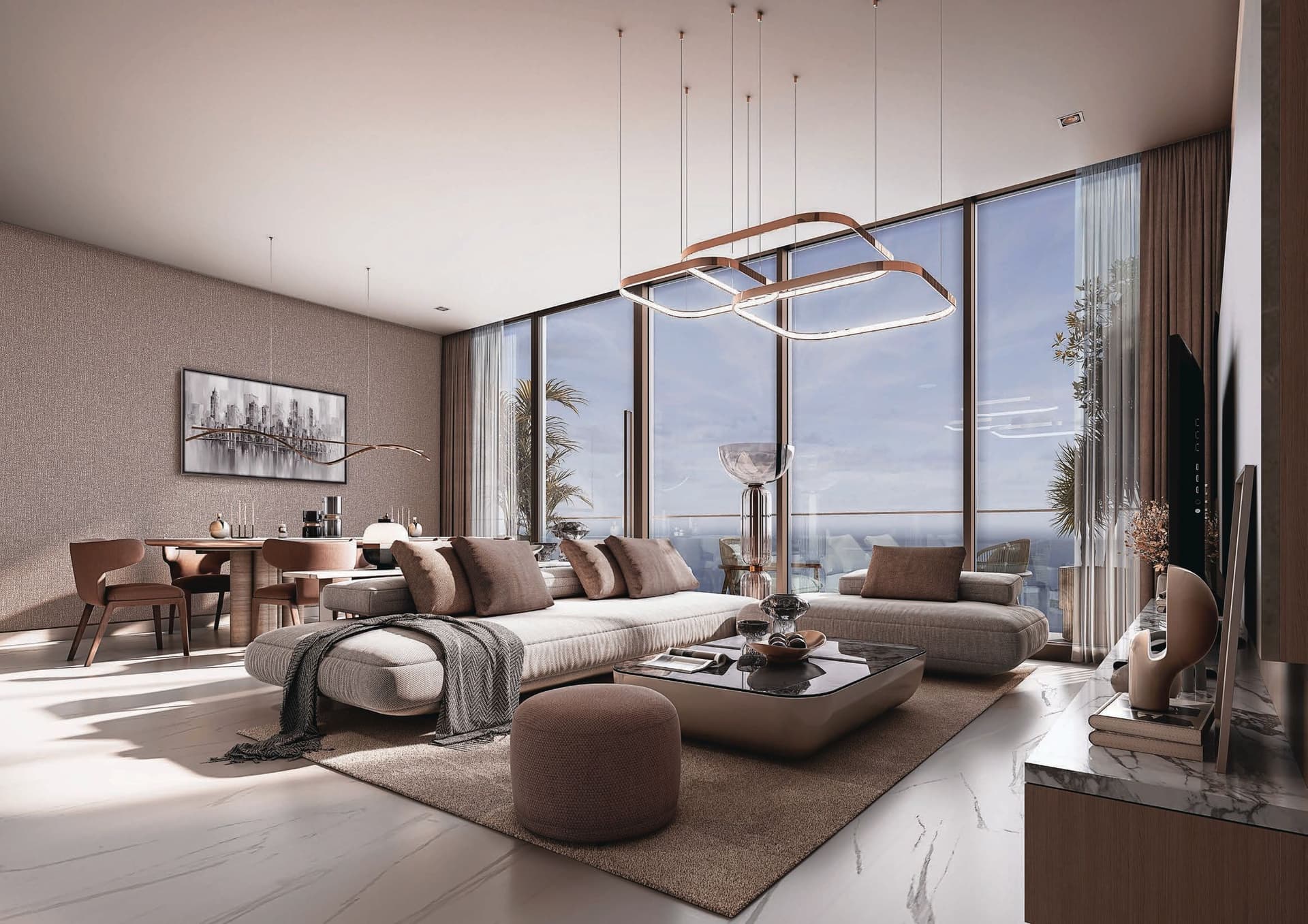 Modern living room with large windows, cozy sofas, a coffee table, and chic decor. Sunlight floods the luxurious space, offering ocean views.