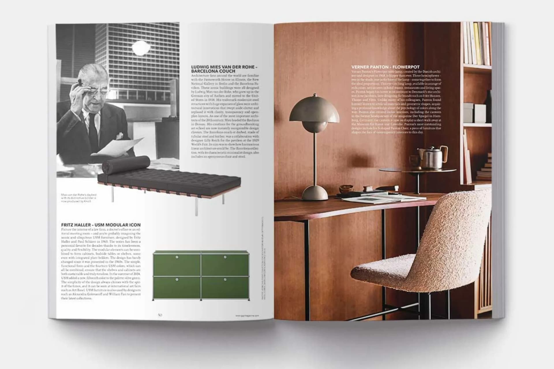 An open magazine page; on the left-hand page is a black-and-white photograph of a man on the telephone; on the right-hand page is a ‘Flowerpot’ lamp on a wooden desk with books on it.