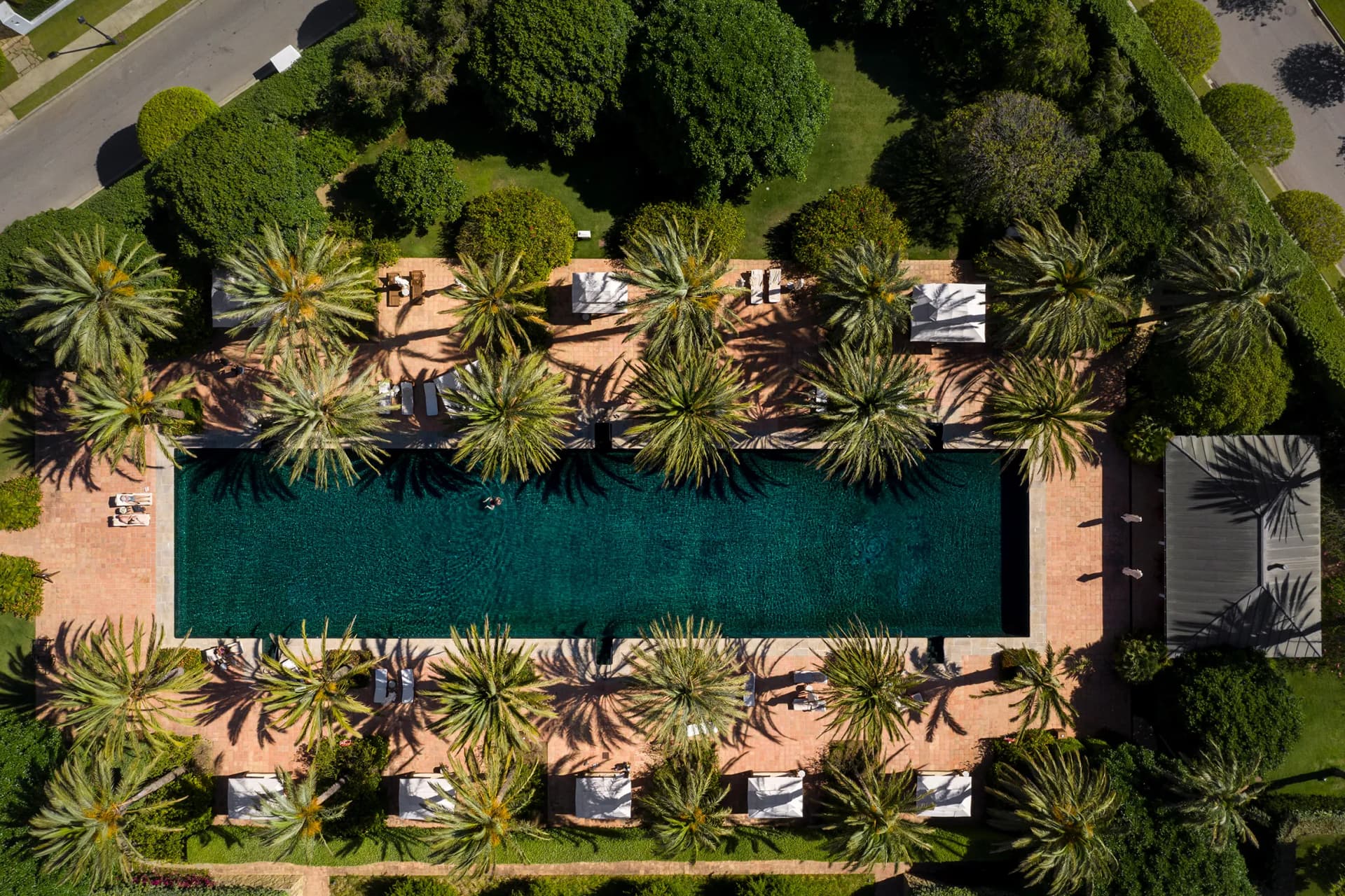 Aerial view of a turquoise pool bordered by terracotta decking, palm trees, and lounge chairs; manicured lawn and hedges nearby.