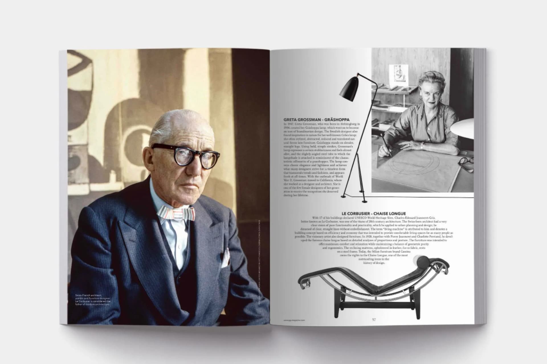 Open magazine spread: left page features an elderly man in a suit and glasses; right page shows text, a desk lamp, a black-and-white photo, and a chaise longue.